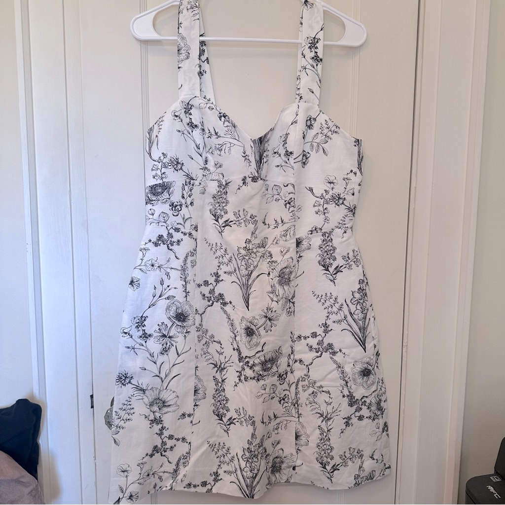 Club Monaco Black & White Toile Print Linen Blend Fit & Flare Mini Dress, Sz 10